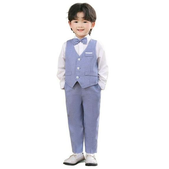 WhouRiu Toddler Boys Outfits Sleeveless Vest and Slim Pants with Bowtie Children Formal Clothes,Set,3-Piece Blue,Sizes 2-3