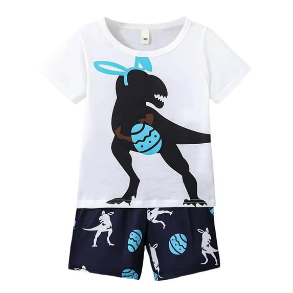 WhouRiu Toddler Boys Pajama Set Dinosaur Print Short Sleeve Top Shorts Child Loose Comfy Sleepwear Clothes Set Blue.Sizes 4-5