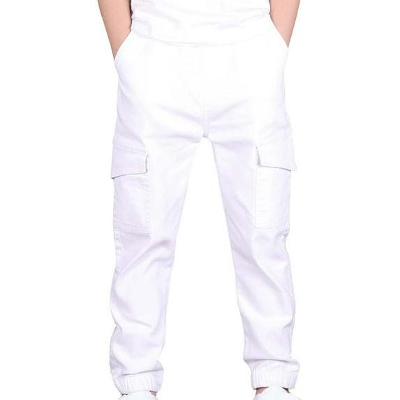 WhouRiu Toddler Boys Pants Elastic Waist Jogger Cargo Pants with Pockets Kids Relaxed Fit Casual Sweatpants White,Sizes 4-5