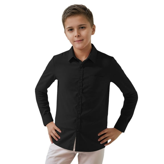 WhouRiu Toddler Boys Shirts Solid Long Sleeve Lapel Button-Up Tops Kids Spring Fall Gentleman Shirts Black,Sizes 3-4