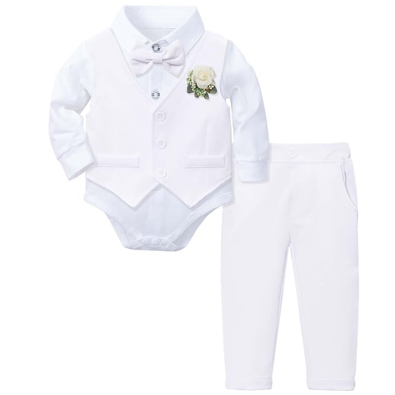 WhouRiu Toddler Boys Suits Formal Long Sleeve Lapel Tuxedo Romper Pants Vest Baby Thin Gentleman Outfit Set,5-Piece White,Size 2-3 Y