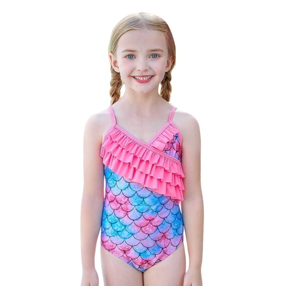 WhouRiu Toddler Girl Bathing Suit Fish Scale Ruffle One Piece Bikini Swimwear Stylish Hot Spring Beach Swimsuits for Pink,Size 3-4 Y
