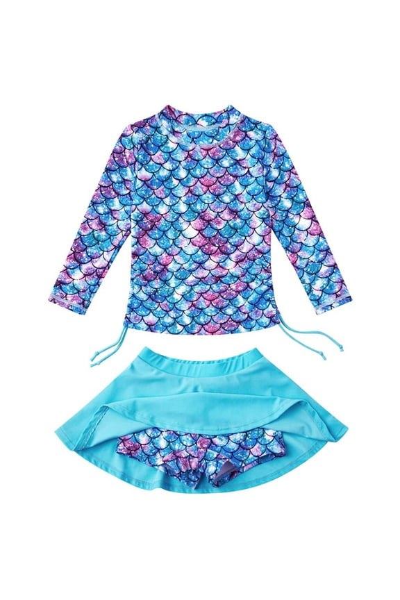 Toddler Girl Bathing Suit Two Piece Fish Scale Long Sleeve Top Skirts Swimsuit for Child Spring Summer Swimwear Blue,Size 3-4 Y