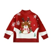 WHOURIU Toddler Girl Christmas Sweater Reindeer Pattern Warm Thick High Neck Sweater Kids Loose Holiday Winter Sweaters Red,Sized 3-4