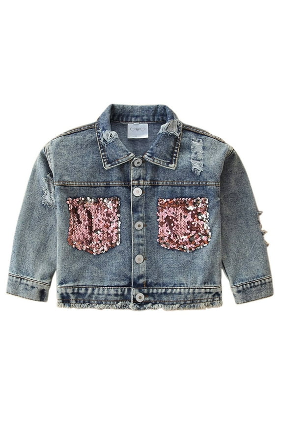 Toddler Girl Denim Jacket Sequin Lapel Button Up Jacket Child Stylish Streetwear Autumn Casual Denim Jackets Blue,Sized 2-3