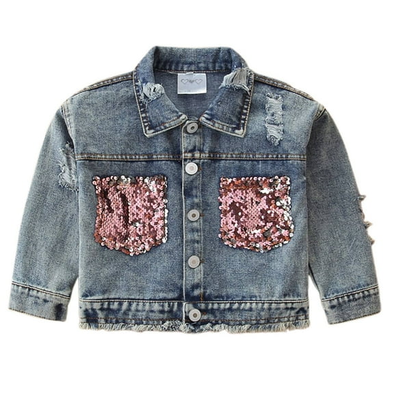 WhouRiu Toddler Girl Denim Jacket Sequin Lapel Button Up Jacket Child Stylish Streetwear Autumn Casual Denim Jackets Blue,Sized 2-3