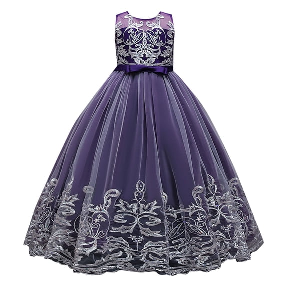 WhouRiu Toddler Girl Gown Elegant Lace Embroidery Sleeveless Evening Gown Wedding Birthday Pageant Princess Maxi Dress Purple,Size 4-5 Y