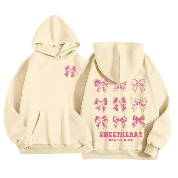 WhouRiu Toddler Girl Hooded Sweatshirts Cute Bow Printed Long Sleeve Pullover Hoodies Kids Soft Cozy Autumn Winter Hoodies Beige,Sized 2-3