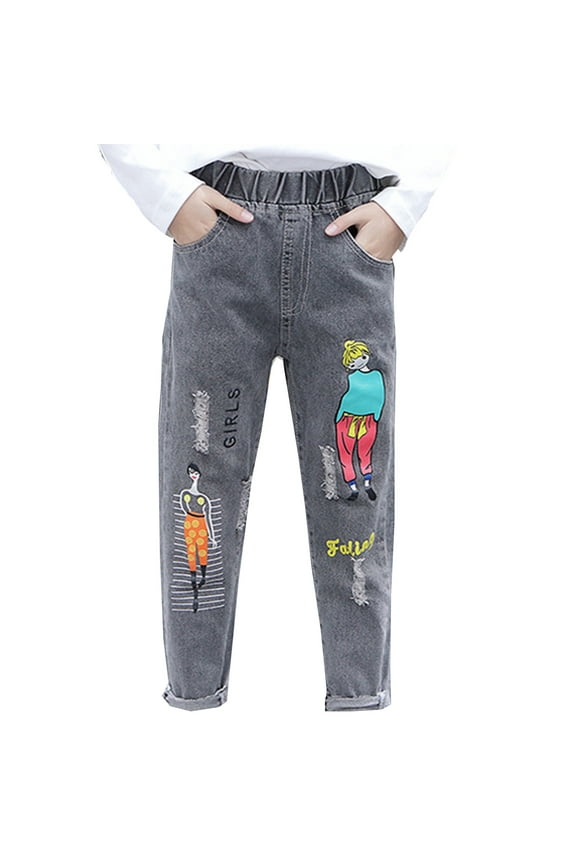 Toddler Girl Jeans Cartoon Prints Elastic Waist Tapered Pants Children Relaxed Breathable Fall Denim Trousers Gray,Size 3-4 Y