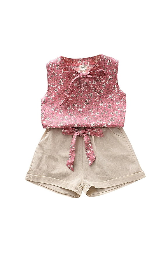 Toddler Girl Outfit Set Sleeveless Floral Pattern Top Shorts Kids Summer Stylish Thin Soft Outfits,3-Piece Pink,Size 3 Y