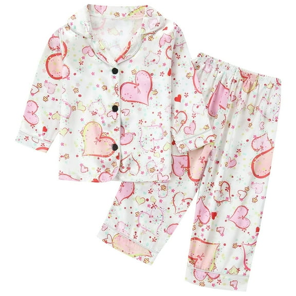 WhouRiu Toddler Girl' Pajama Set Long Sleeve Button Top with Heart Print and Pants Cozy Nightwear Outfit Set White,Sized 3-4