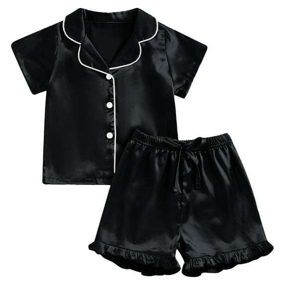 WhouRiu Toddler Girl Pajama Set Solid Ruffle Short Sleeve Blouse Shorts Child Summer Satin Silk Pajamas Black.Sizes 2-3