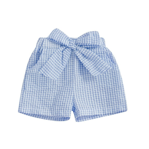 WhouRiu Toddler Girl Pants Summer Cute Bow Elastic Waist Plaid Shorts Trousers Children Girls Relaxed Fit Casual Pants Blue,Sizes 9-12 M