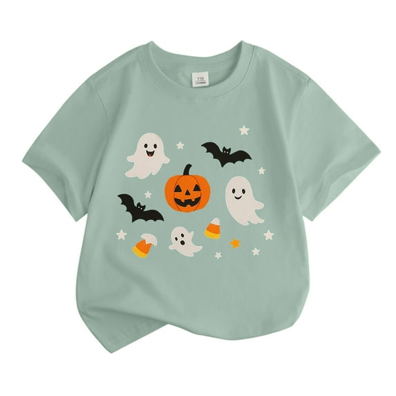 WhouRiu Toddler Girl T Shirt Halloween Cartoon Print Short Sleeve Tshirt Kids Fashion Party Holiday Casual Tee Green,Sized 4-5