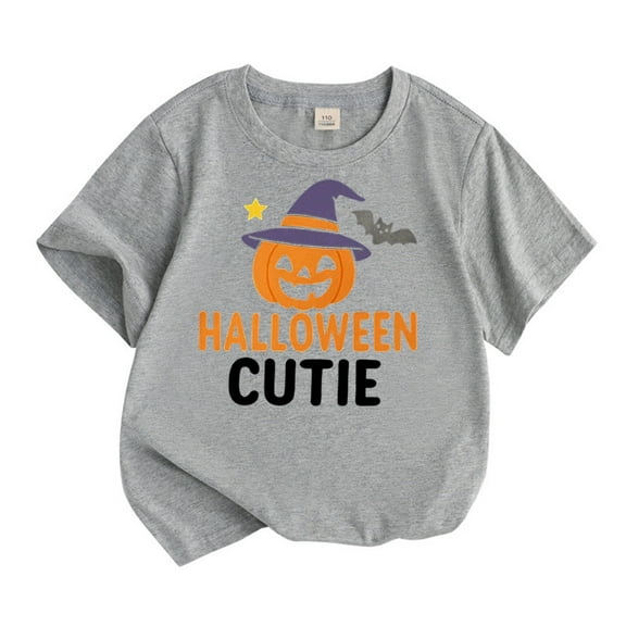 WhouRiu Toddler Girl T Shirt Halloween Pumpkin Print Short Sleeve Shirt Kids Holiday Comfy Loose Fashion Tshirt Gray,Sized 3-4