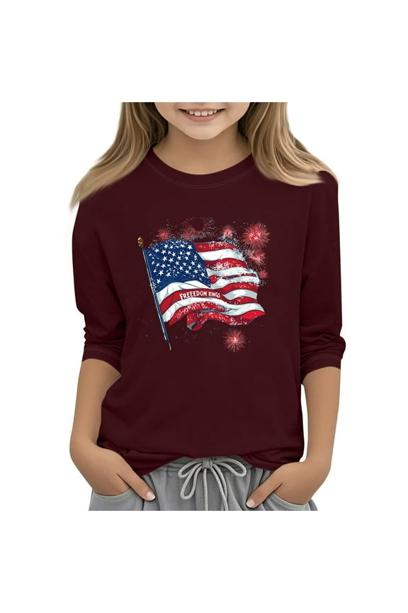 Toddler Girl T Shirts Independence Day Flag Pattern 3/4 Sleeve Tops Kids Casual Comfort T Shirt Red,Sizes 3-4