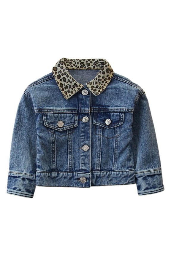 Toddler Girl's Denim Jacket Leopard Print Collar Long Sleeve Jacket Kids Lightweight Comfy Autumn Jackets Blue,Sized 2-3