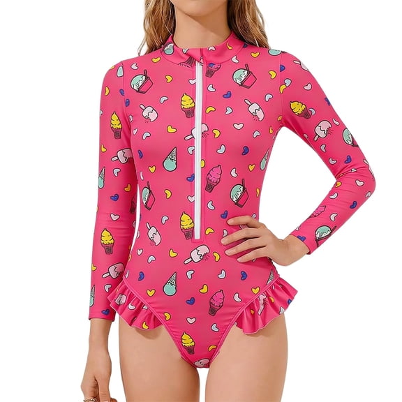 WhouRiu Toddler Girl's One Piece Swimsuit Heart Print Long Sleeve Zip Rash Guard Beach Training Bathing Suit