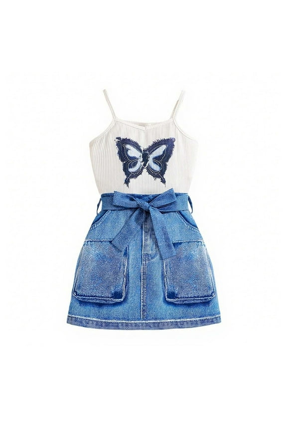 Toddler Girl's Outfit Set Butterfly Print Sleeveless Tank Denim Skirt Kids Summer Streetwear Casual Outfits White,Size 4-5 Y