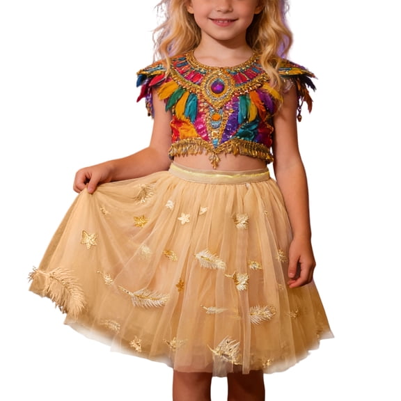 WhouRiu Toddler Girl's Skirt Feather Embroidery Sequin Ballet Dance Skirt Children Knee-Length Tulle Festive Party Skirts Beige,Sized 2-3
