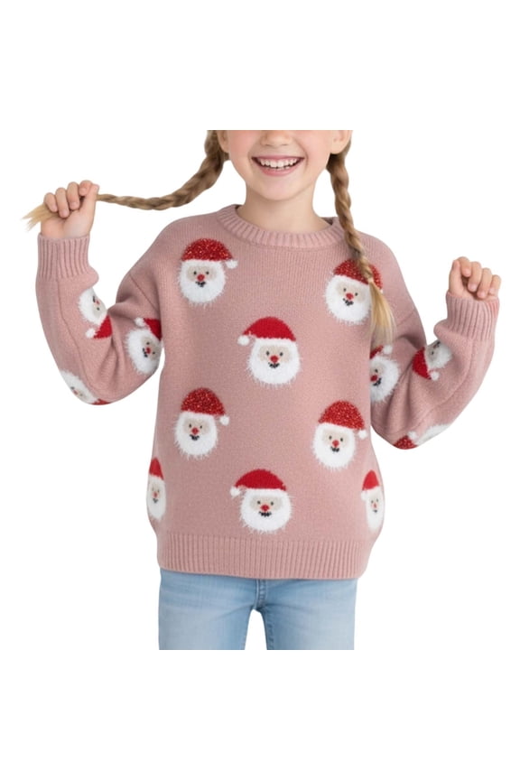 Toddler Girl's Sweater Christmas Santa Prints Knit Sweater Child Cozy Warm Classic Holiday Winter Sweaters Pink,Sized 4-5