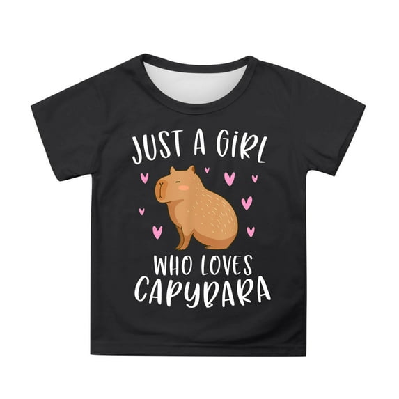 WhouRiu Toddler Girl's Tshirt Short Sleeve Capybara Print Casual Tee Shirt Kids Soft Loose Athletic Casual T Shirts Black,Sized 3-4