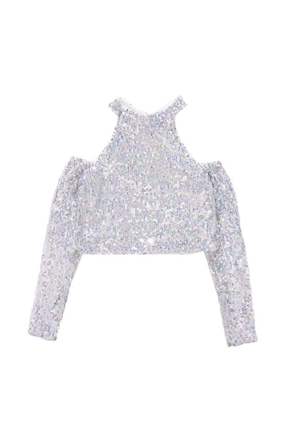 Toddler Girl's Tshirt Sparkly Sequin Dancewear Long Sleeve Crew Neck Top Kids Jazz Street Dance Show Stage T Shirts Gray,Sized 3-4