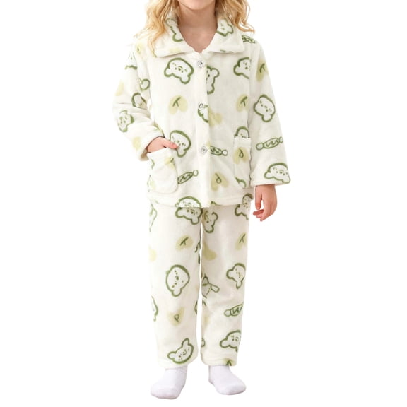 WhouRiu Toddler Girls Boys Loungewear Outfits Flannel Thermal Cartoon Print Cozy Button Shirt Pants Children Soft Warm Sleepwear Outfits Green,Sized 3-4