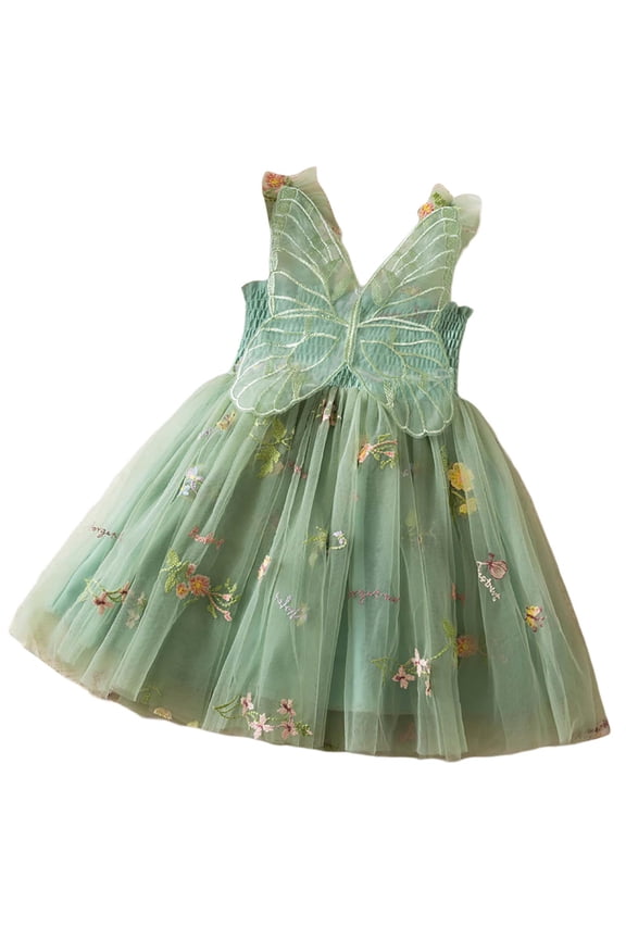 Toddler Girls' Dress Embroidery Smocked Straps Mesh Dress with Wing Holiday Party Dance Dresses Green