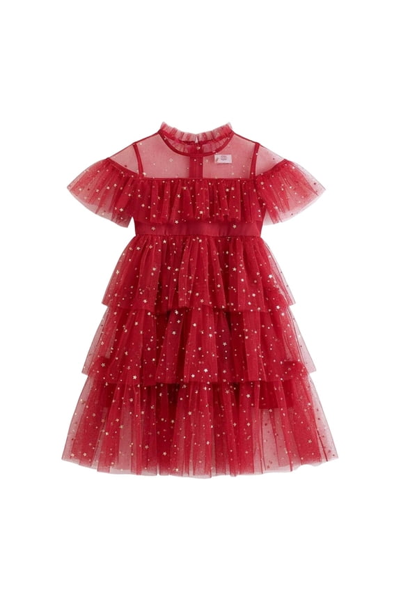 Toddler Girls' Dress Star Moon Sequin Ruffle Sleeve Princess Dress Holiday Dance Tiered Party Tulle Dresses Red,Sized 4-5