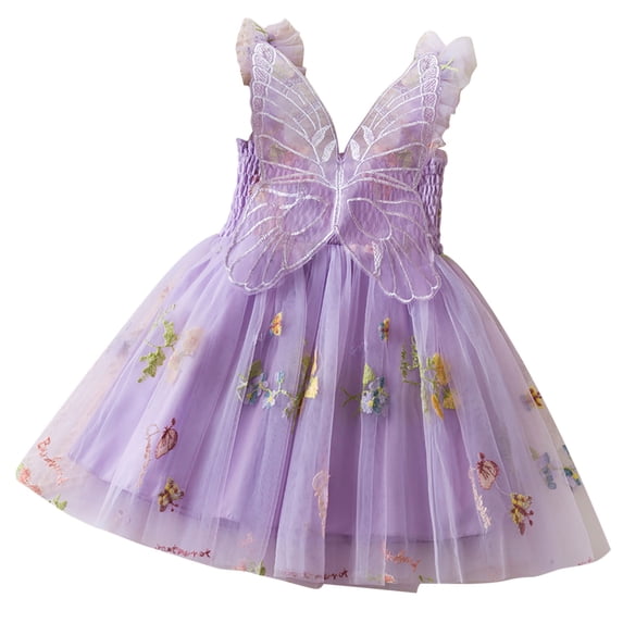WhouRiu Toddler Girls Dresses Fashion Embroidery Sleeveless Princess Dress Wedding Holiday Party Tulle Dress for Kids Purple,Size 3-4 Y
