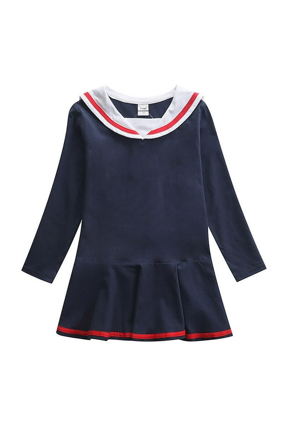 Toddler Girls Dresses Sailor Collar Pleated Loose Long Sleeve Casual Dress Children Girls A-Line Uniform Dress Blue,Sizes 7-8