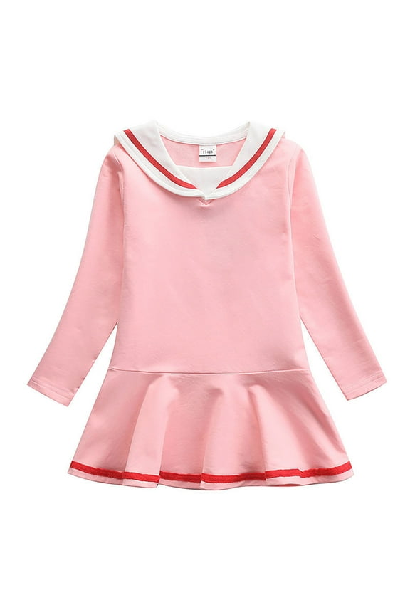 Toddler Girls Dresses Sailor Collar Pleated Loose Long Sleeve Casual Dress Children Girls A-Line Uniform Dress Pink,Sizes 3-4