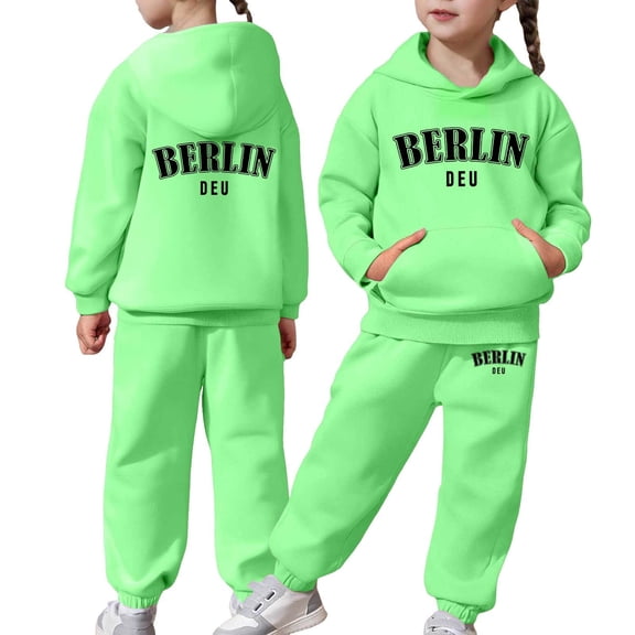 WhouRiu Toddler Girls Outfit Set Long Sleeve Letter Prints Hooded Sweatshirt Pants Kids Streetwear Loose Sports Autumn Outfits Green,Sized 4-5