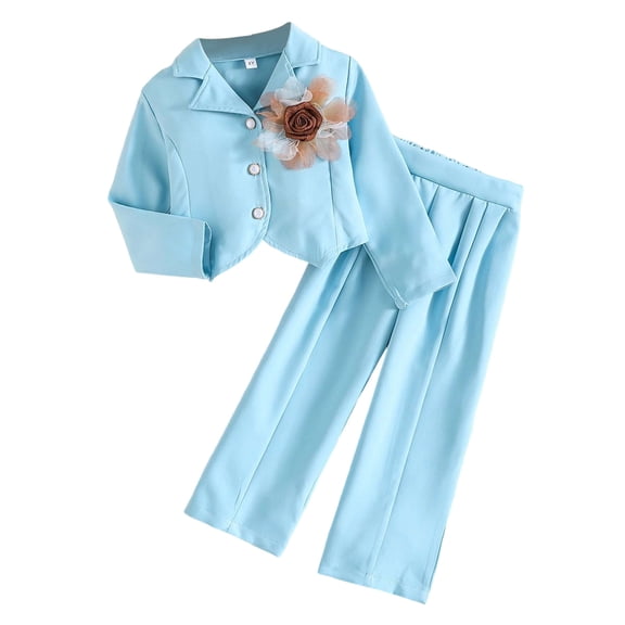 WhouRiu Toddler Girls' Outfit Set Stylish Flower Embroidered Elegant Jacket Wide Leg Pants Children Loose Comfy Autumn Outfits Blue,Sized 3-4