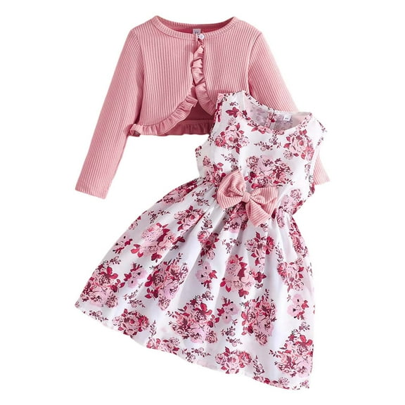 WhouRiu Toddler Girls Outfit Sets Long Sleeve Cardigan Floral Tank Dress Child Summer Casual Outfits,2-Piece Pink,Sizes 7-8