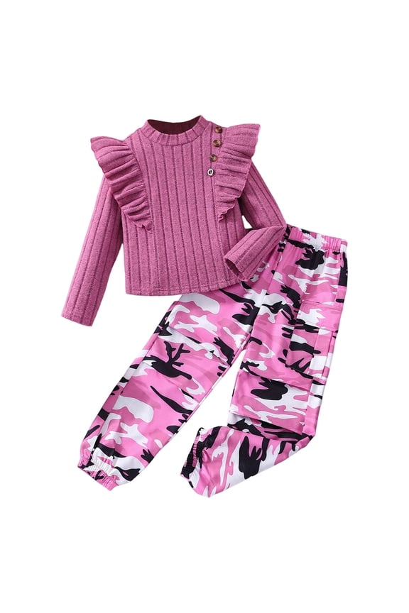 Toddler Girls Outfits Long Sleeve Ribbed Knit Top Floral Prints Pants Children Cozy Breathable Warm Athletic Outfit Set Pink,Sized 4-5