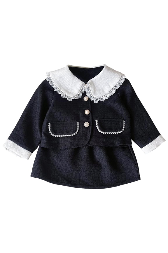 Toddler Girls Outfits Set Peter Pan Collar Button Lapel Jacket Skirt Children Stylish Loose Spring Fall Outfit Set Black,Size 3-4 Y