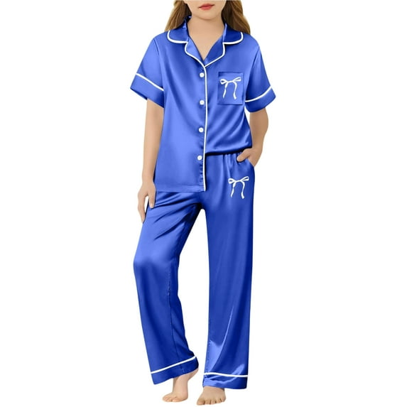 WhouRiu Toddler Girls' Outfits for Sleepwear Bow Print Short Sleeve Top Pants Kid Satin Solid Soft Home Wear Outfit Set Blue,Size 3-4 Y