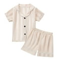 thumbnail image 1 of WhouRiu Toddler Girls Pajama Set Short Sleeve Striped Lapel T Shirt Shorts Child Satin Silk Thin Pajamas Beige.Sizes 2-3, 1 of 3