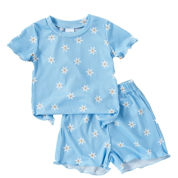 WhouRiu Toddler Girls Pajama Sets Printed Short Sleeve T-Shirt and Shorts Children Summer Casual Pajamas Blue,Sizes 3-4