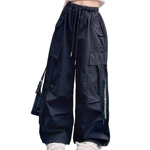 WhouRiu Toddler Girls Pants Baggy High Drawstring Waist Wide Leg Cargo Sweatpants Kids Girls Solid Color Streetwear Trousers Black,Sizes 11-12