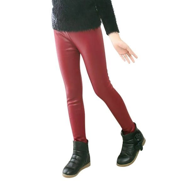 WhouRiu Toddler Girls Pants Solid Color Stretchy Leather Legging Pants Kids Girls Fashion Dancewear Tights Pants Red,Sizes 2-3