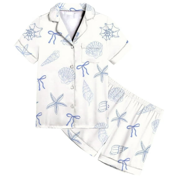 WhouRiu Toddler Girls' Sleepwear Outfit Set Animal Print Short Sleeve Shirt Shorts Child Soft Satin Homewear Outfits Blue,Size 2-3 Y