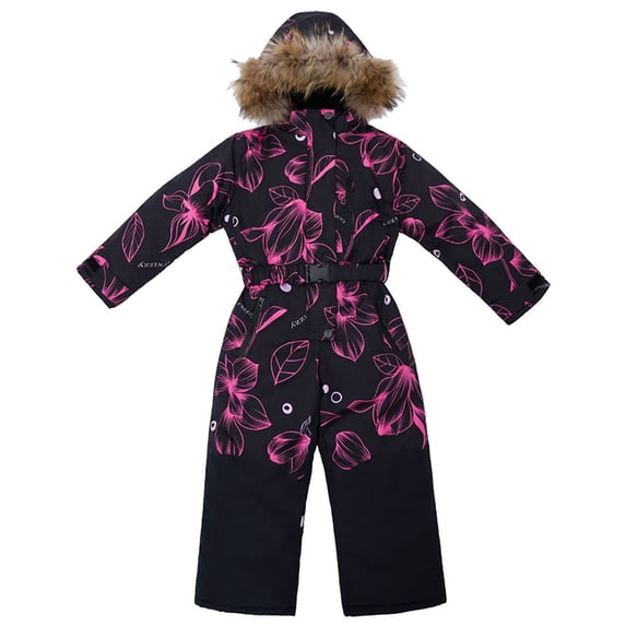 WhouRiu Toddler Girls Snowsuit Insulated Thicken Warm Puffer Coat with Trim Hood Kids Thermal Ski Wear Outdoor Windproof Winter Coats Black,Sized 4-5