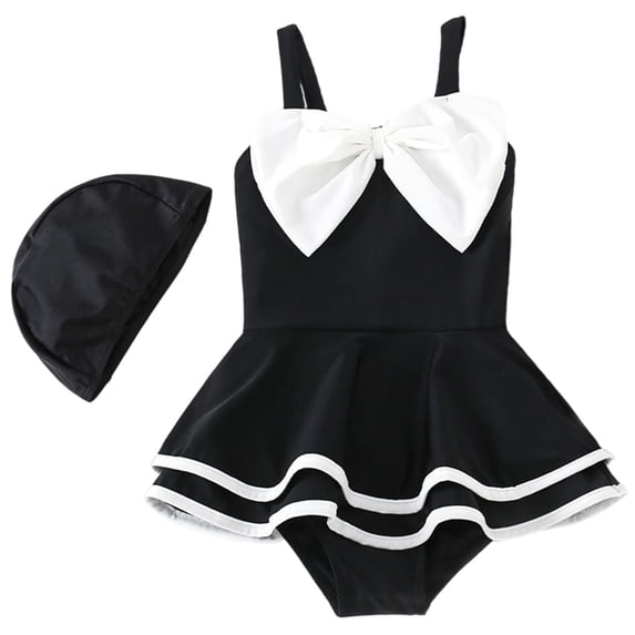 WhouRiu Toddler Girls' Swimwear with Cap 3D Bow Sleeveless Swim Dress Children Pool Beach Outdoor Play Swimsuit,2-Piece Black,Size 2-3 Y