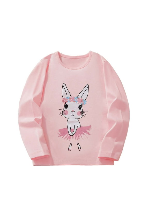 Toddler Girls' T Shirts Cute Bunny Print Long Sleeve Tee Tops Kids Loose Fall Winter Tshirts Pink,Sizes 4-5