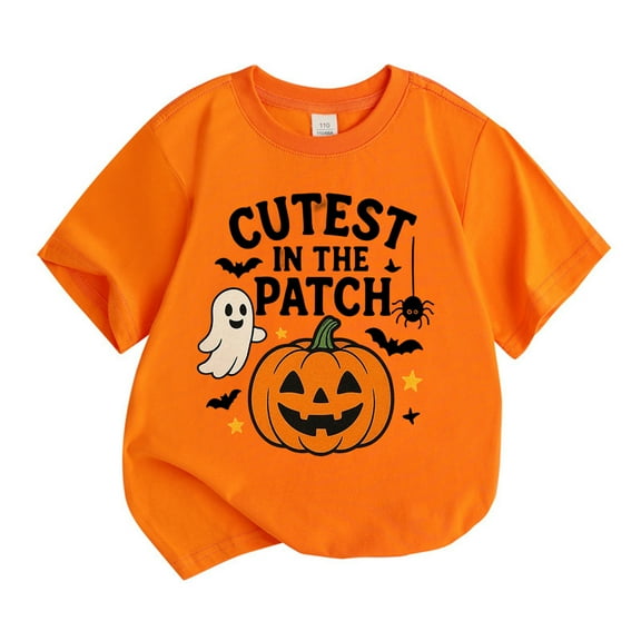 WhouRiu Toddler Girls T Shirts Halloween Pumpkin Prints Short Sleeve T Shirt Kids Fashion Party Tees Orange,Sizes 4-5