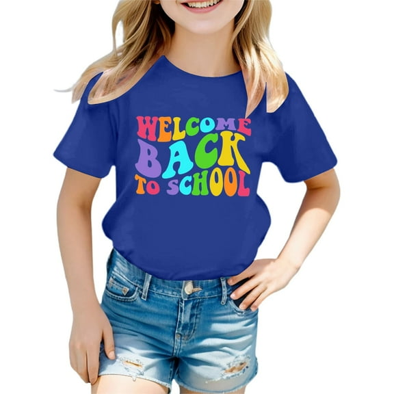 WhouRiu Toddler Girls' T Shirts Letter Prints Short Sleeve Tops Kids Summer Breathable Comfy Tee Tops Blue,Sizes 3-4