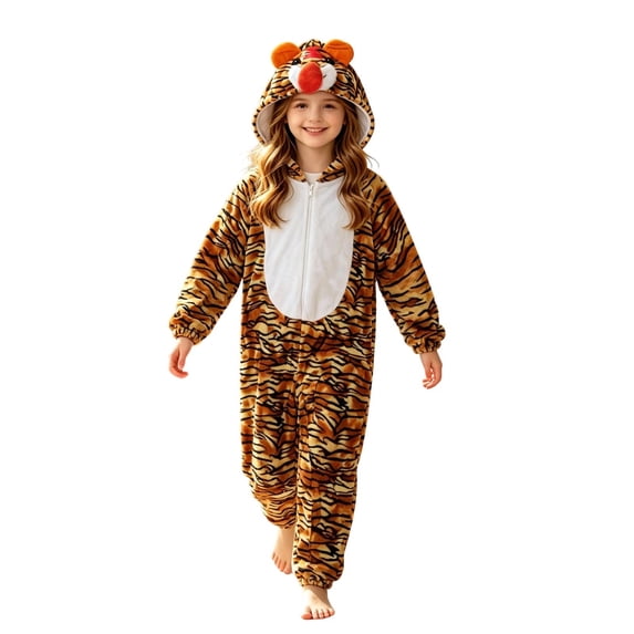WhouRiu Toddler Girls Tiger Onesie Fuzzy Hooded Zip Up Jumpsuit Fun Party Fancy Dress Up